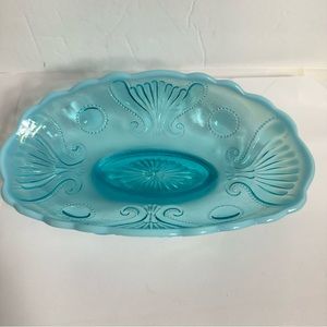 Vintage Blue Opalescent Relish Dish Jefferson Glass. Oval shaped.